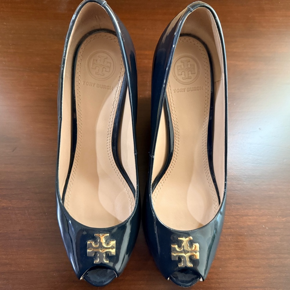 Tory Burch Navy Peep-Toe Heels with Gold Logo